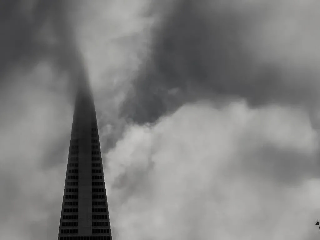 The Transamerica Pyramid piercing San Francisco's fog, black and white
