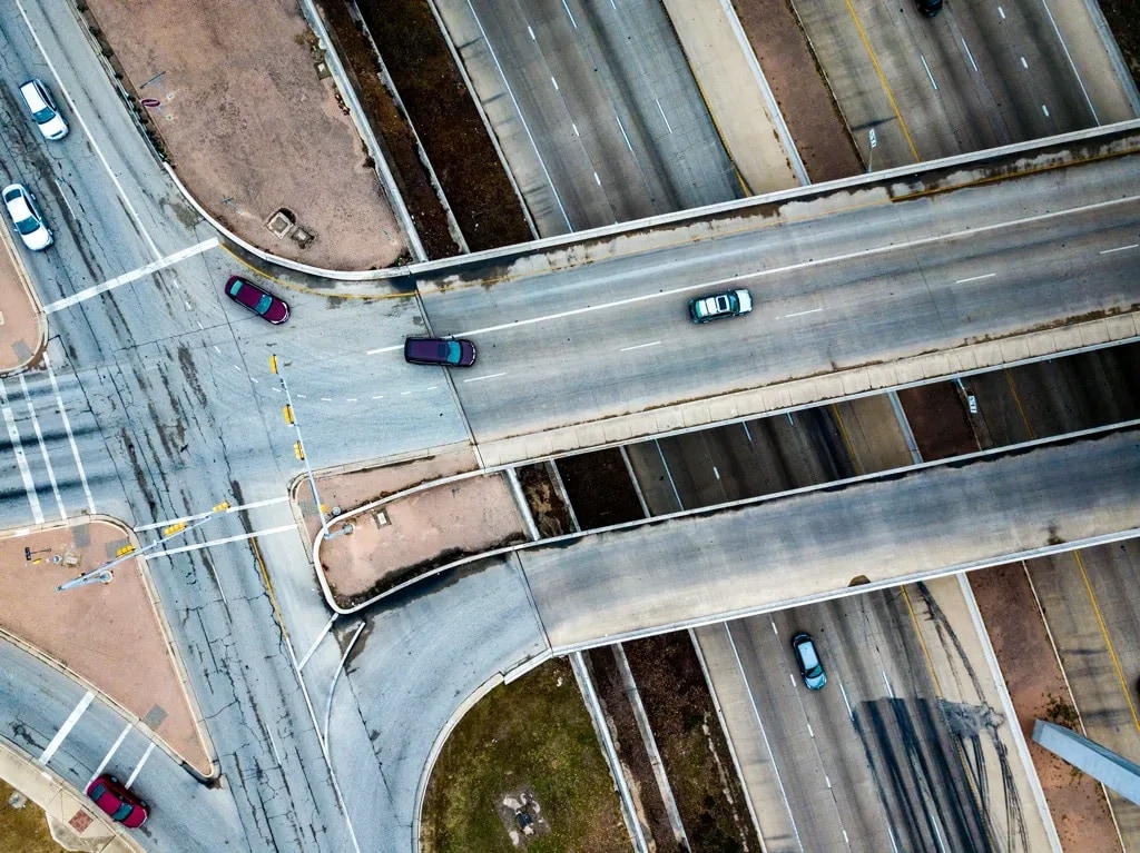 Aerial abstract of Austin's curving freeway interchange, Texas