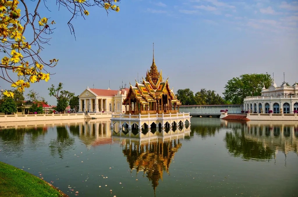The Aisawan Dhipaya Asana Pavilion reflected on the water at Bang Pa-In, Thailand