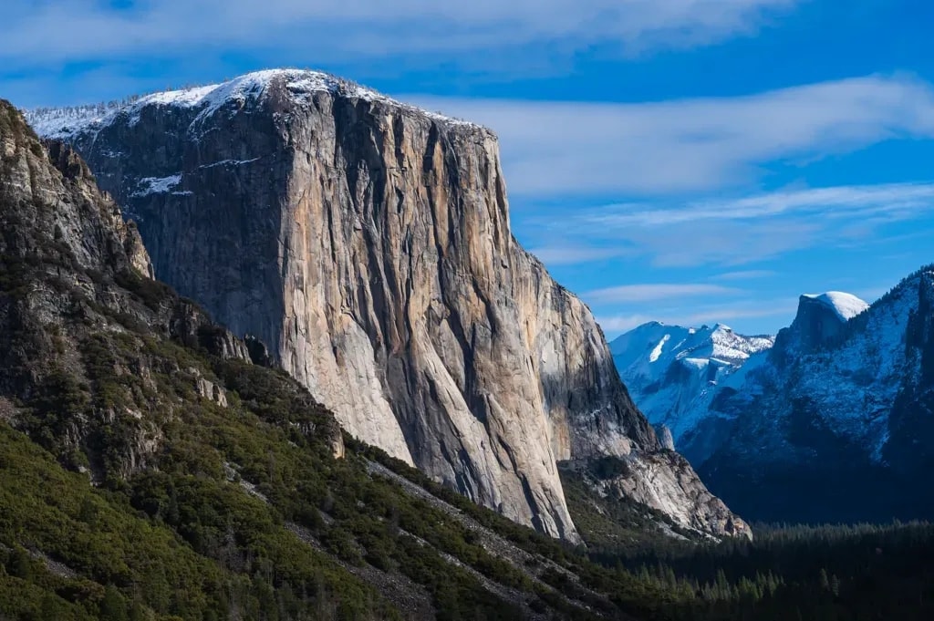 El Capitan and Half Dome dusted with fresh snow above Yosemite Valley, California
