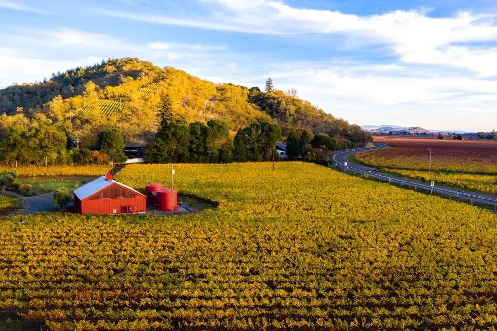 A red barn in Sage Canyon along the Silverado Trail, St. Helena, Napa Valley