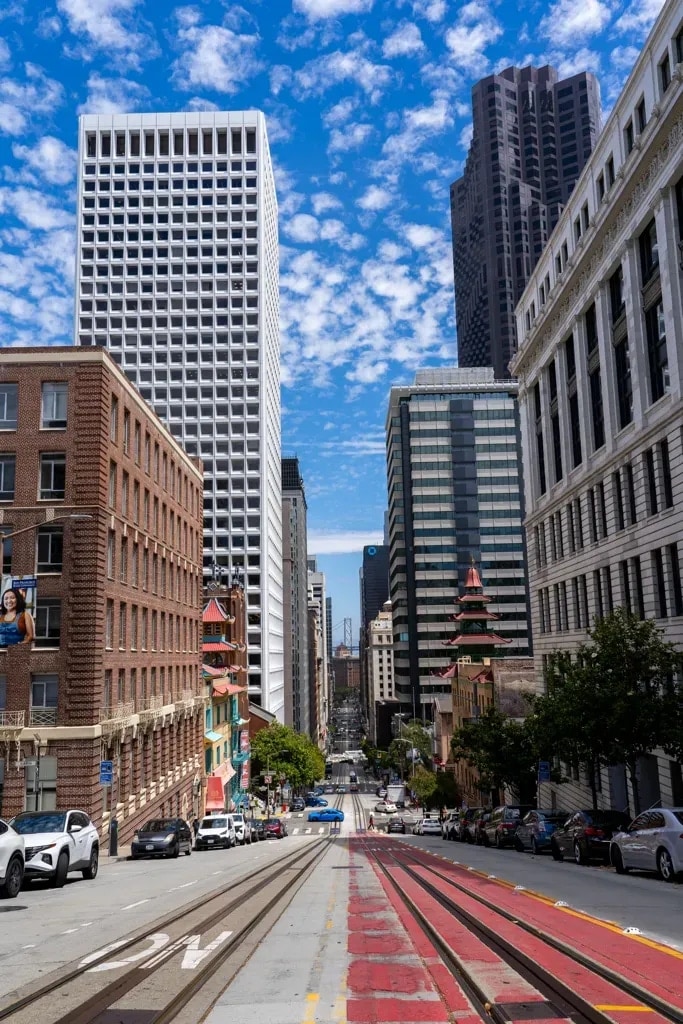 California Street's cable car tracks leading the eye to the Bay Bridge, San Francisco